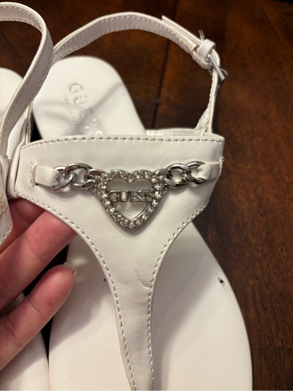 GUESS White Rhinestone Heart T-Strap Sandals - Picture 3 of 10